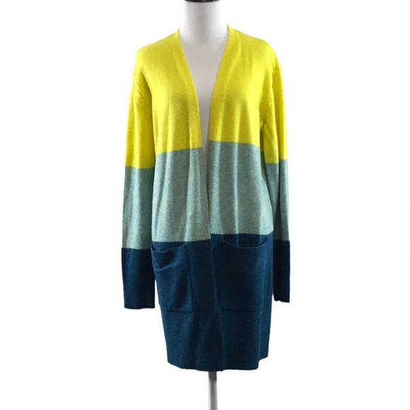 A New Day Blue Yellow Stripe Knit Tunic Cardigan Sweater Womens Small Open Front - Picture 1 of 10